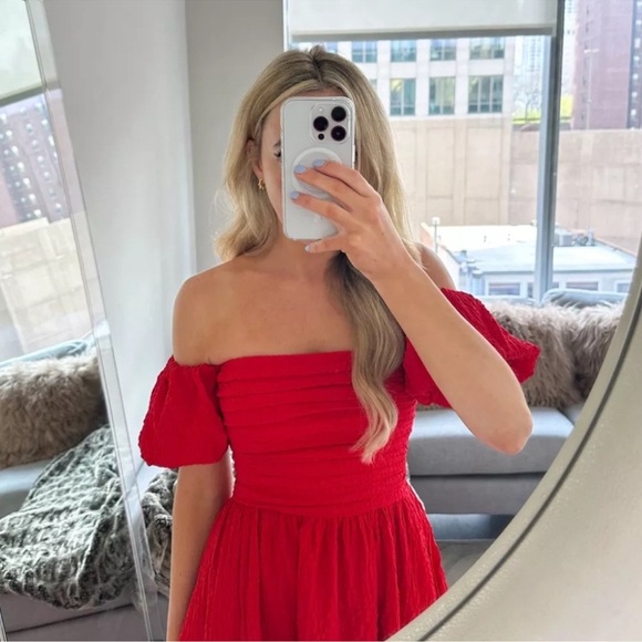 A&F Emerson Poplin Puff Sleeve Midi Dress Small Petite Off the Shoulder Red - Picture 2 of 5